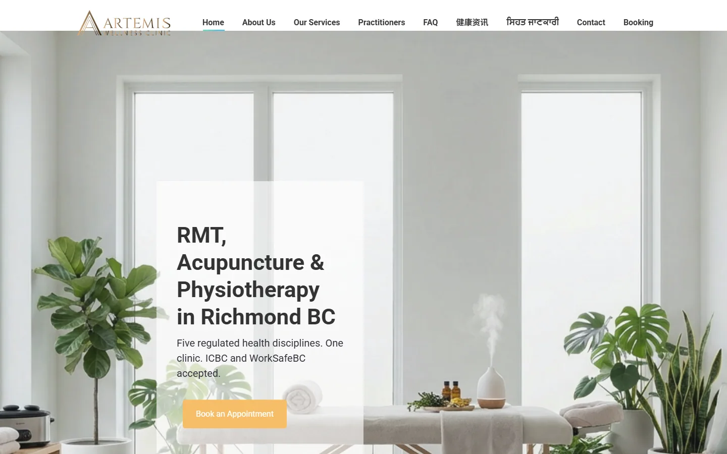 Artemis Wellness Clinic services, booking and AI reception website homepage